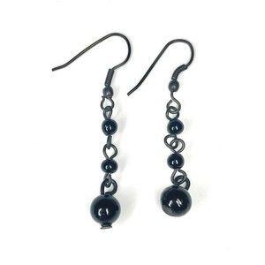 Black Beaded Drop Hook Chain Faux Pearl Dangle Earrings